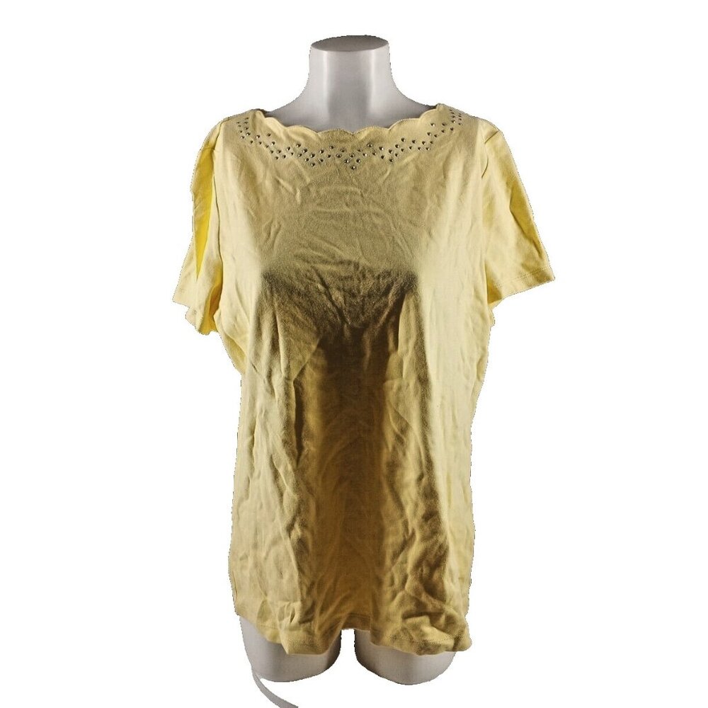 NWT KAREN SCOTT Rhinestone T-shirt XL(16-18) Yellow Knit Pullover 100% Cotton